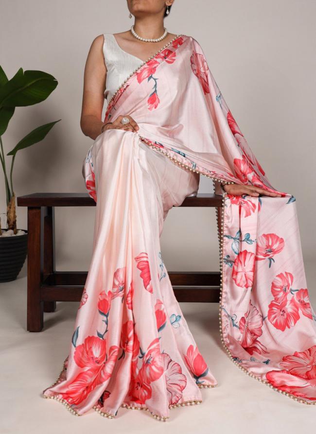 Sattin Silk Light Pink Party Wear Printed Saree